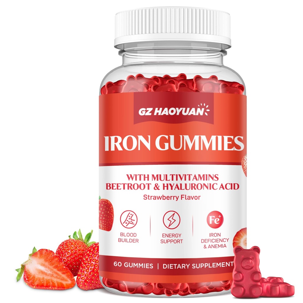 Eisengummis für Damen und Kinder - Eisenergänzungsgummis mit Multivitamin für Bluterzeuger, Energie, Eisenmangel &amp; Anämie - Sugar Free Vegan Strawberry 60 ct