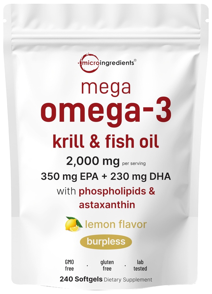 Mega Omega-3 Krill & Fischöl 2.000mg Äquivalent, 240 Softgels | Zitrone aromatisiert | Burpless | Essentielle Fettsäuren & Astaxanthin | EPA 350mg + DHA 230mg | Heart & Brain Supplement