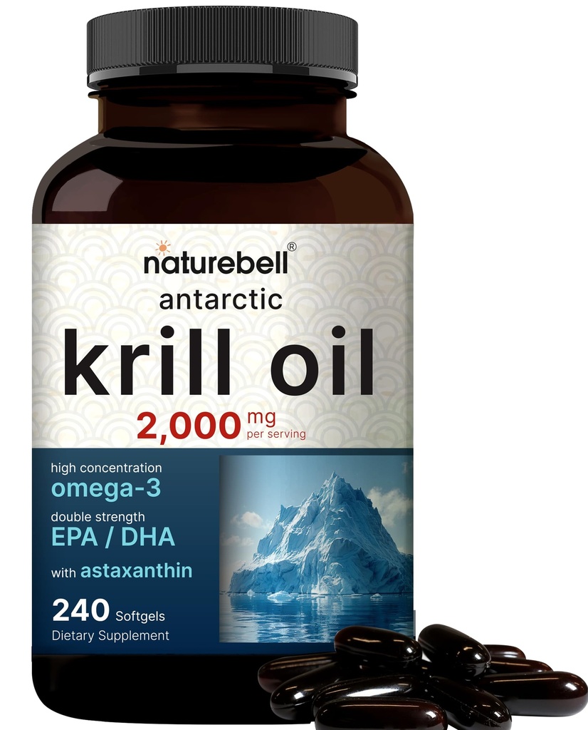 NatureBell Antarktis Krill Oil 2000mg Supplement, 240 Softgels, 3X Stärke Natürliche Quelle von Omega-3s, EPA 240mg + DHA 160mg + Astaxanthin 800mcg – Kein Fisch Nachgeschmack – Mercury Free & Non-GMO