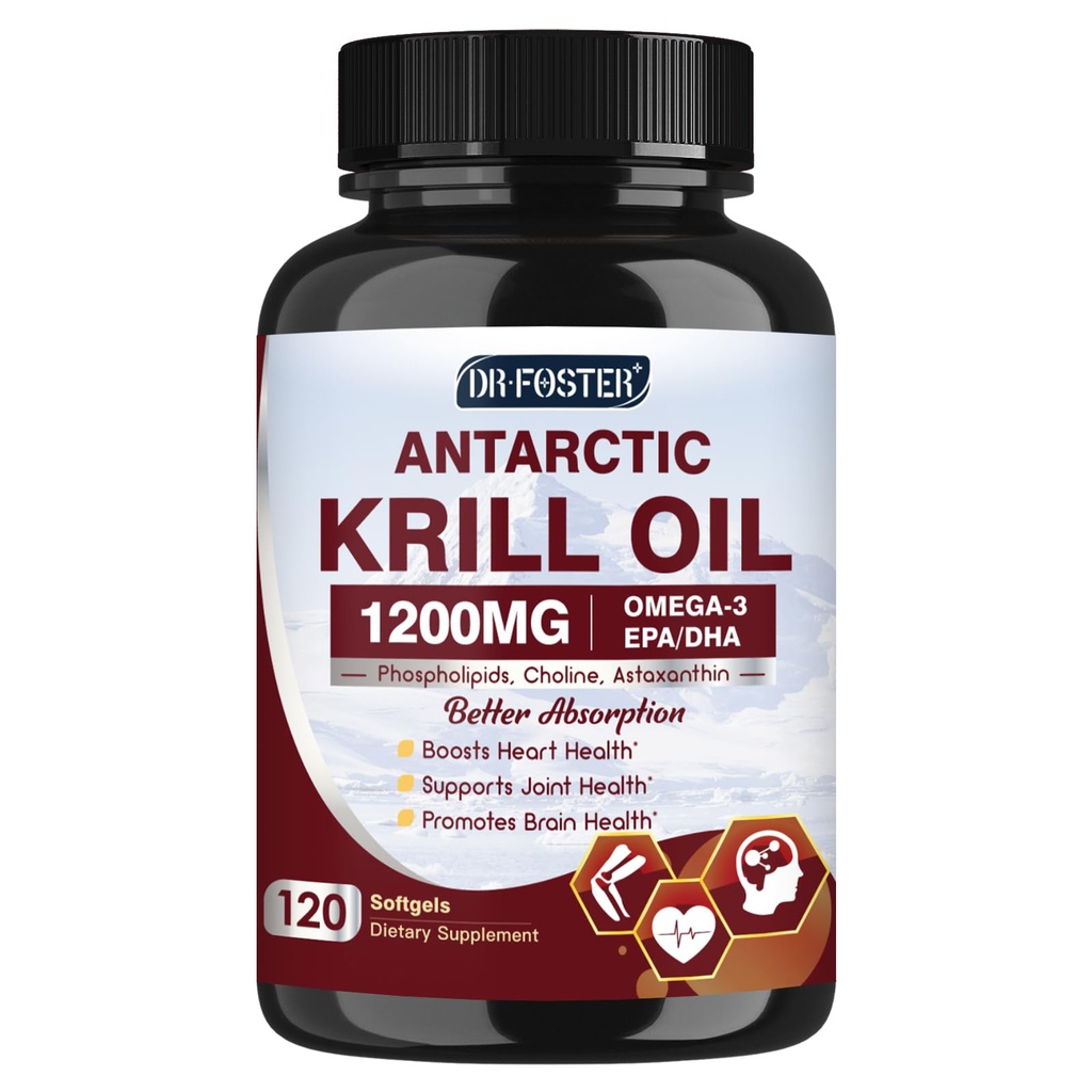 Krill Oil 1200mg, Antarktis Krill Öl Omega 3 Supplement mit EPA, DHA,Astaxanthin & Phospholipide für Herz & Gehirn & Gelenke Gesundheit, Kein Fisch Nachgeschmack, 120 Softgele (60 Servietten)