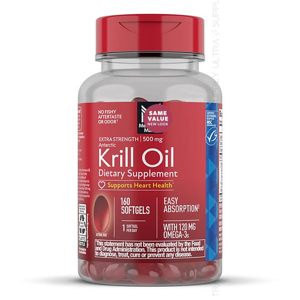 Membres Mark Krill Oil (160 comte) Extra-force Antarctique Omega-3, 500 mg de soutien de santé cardiaque, Absorption accrue, Pas d'afteraste de poisson, CSM-certifié, Source de l'Antarctique pur