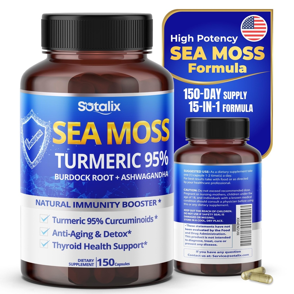 Sotalix Sea Moss Capsule avec Ashwagandha, Burdock Root, Bladderwrack, Turmeric - Powerful Natural Immunity Booster - USA Made (150 Compte (paquet de 1))