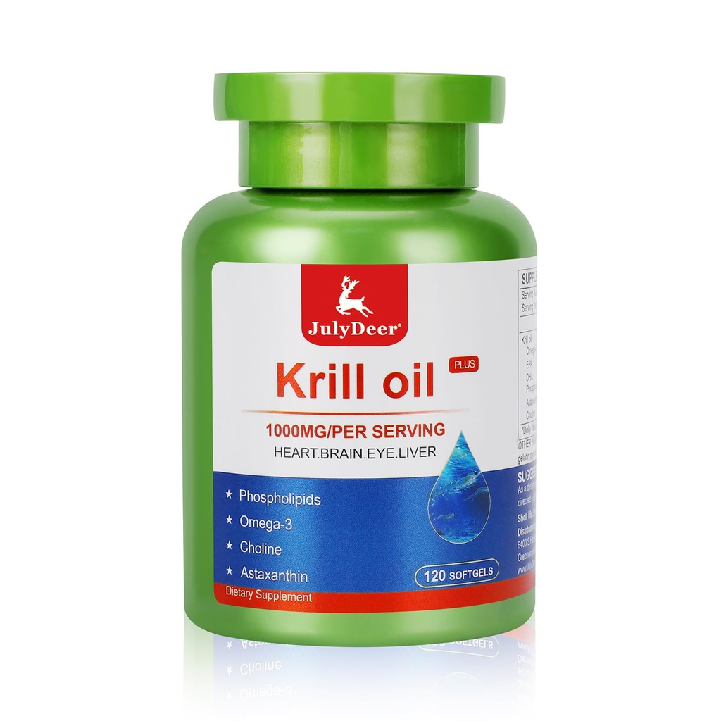 JuliDeer Krill Oil 1000 mg mit Omega-3s EPA, DHA, Astaxanthin und Phospholipiden 120 Softgels Supplement, Antarktis Krill Keine Fishy Nachgeschmack für Gelenk, Herz, Gehirn und Immunität