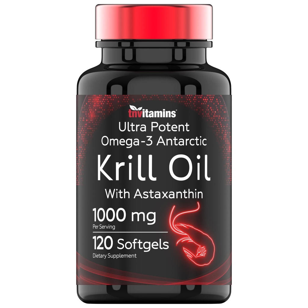 Huile de krill antarctique 1000mg - 120 Softgels avec Astaxanthin. 1000mg Huile de krill rouge, 200 mg Phospholipides, 120 mg EPA, 80 mg DHA, 200 mcg Astaxanthin.