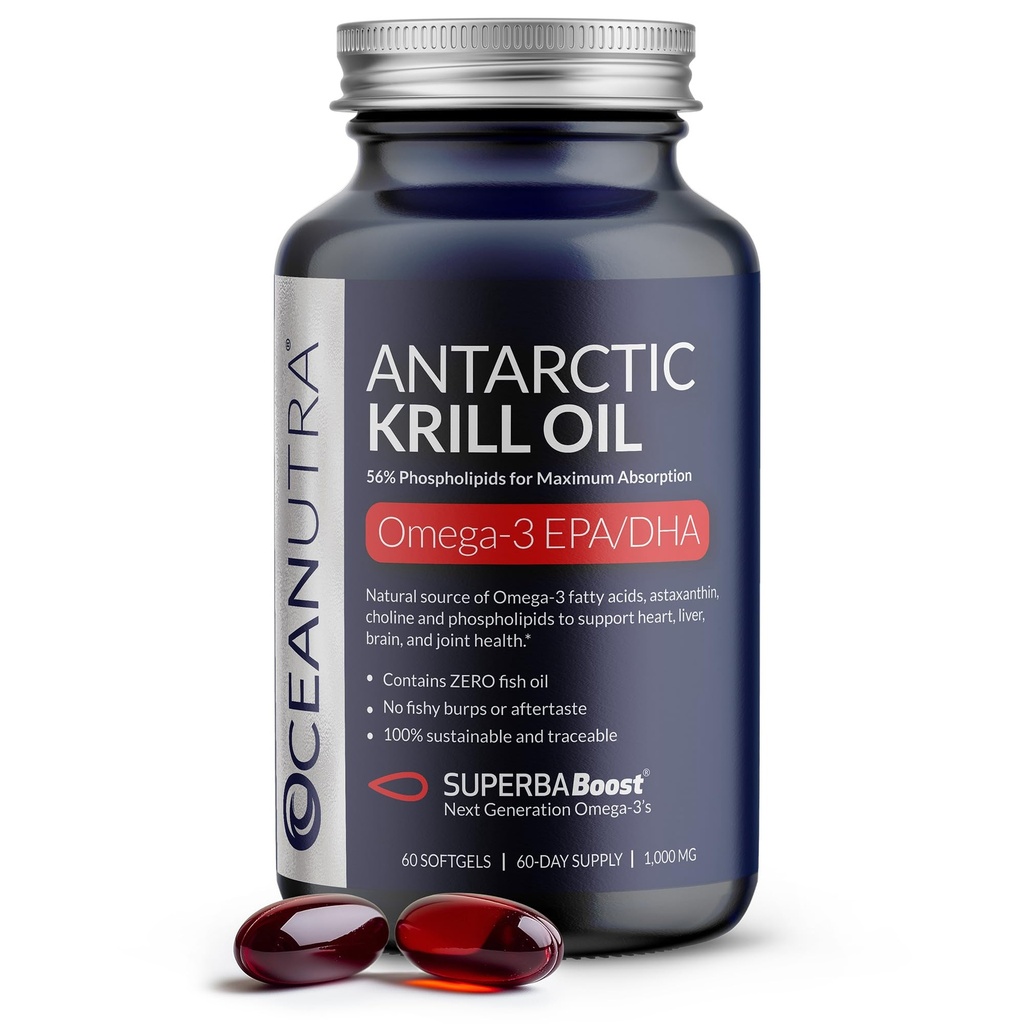 100% reines organisches Krillöl 1000mg, 60-Tag, Omega 3 Supplement, Höchste Konzentration 56% Phospholipide, Wild Caught, Nachhaltiges Traceable Antarktis Omega 3, Astaxanthin, Herz, Kein Fischöl