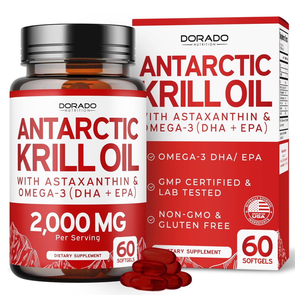 Antarktische Krill Ölergänzung (2000mg pro Servierung, 60 Softgels) Krill Oil Omega 3 Ergänzungen mit EPA, DHA & Astaxanthin - Premium Phospholipid für Erwachsene - Dritte getestet, Non-GMO & USA Made