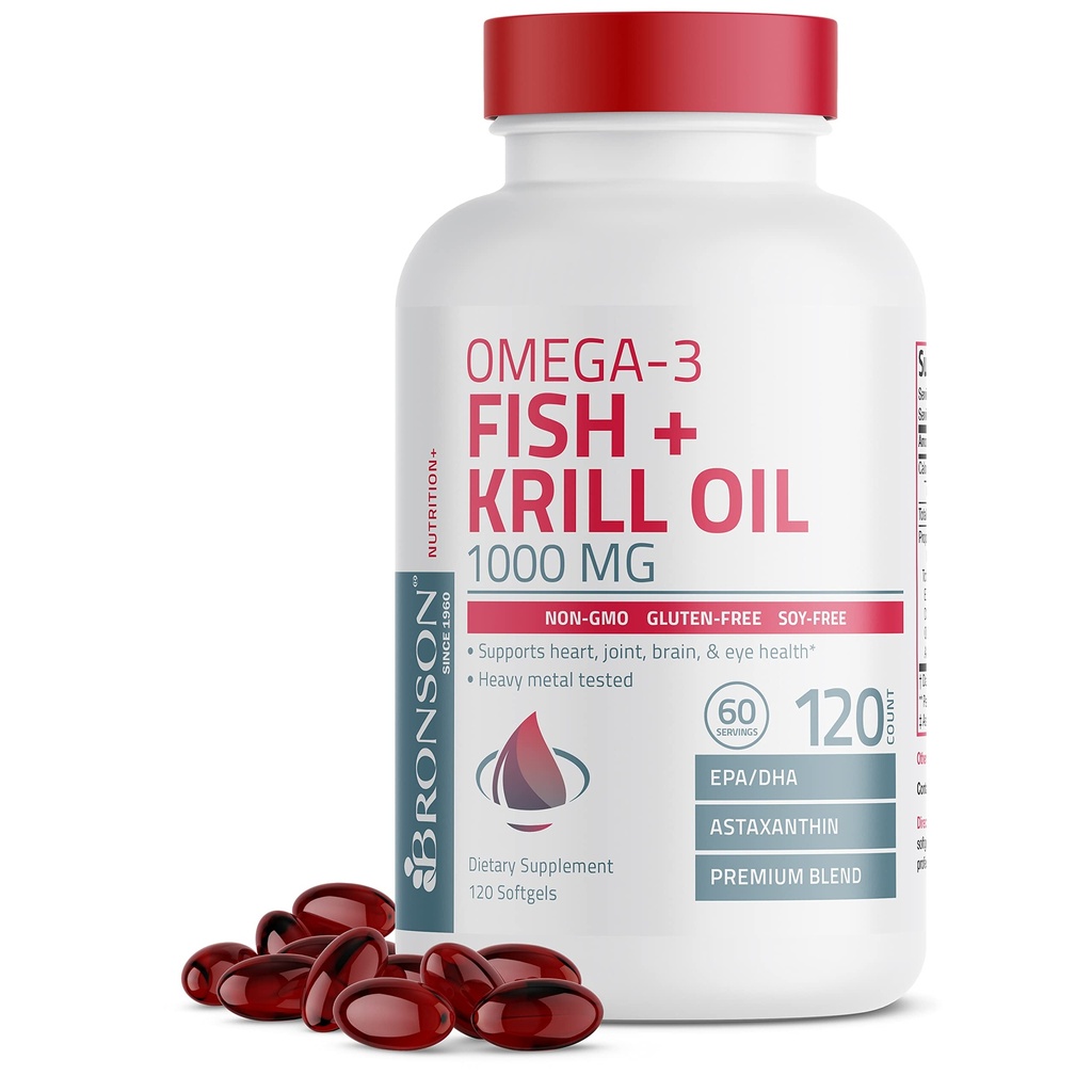 Bronson Omega-3 Fisch + Krill Öl 1000 MG EPA DHA Astaxanthin Premium Blend - Joint, Brain & Eye Health - Non GMO, Heavy Metal Getestet, 120 Softgels