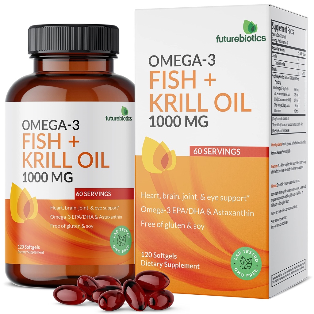 Futuresbiotiques Omega-3 Poisson + Huile de Krill 1000 MG Omega-3 EPA/DHA & Astaxanthin - Non-OGM, 120 Softgels (60 portions)