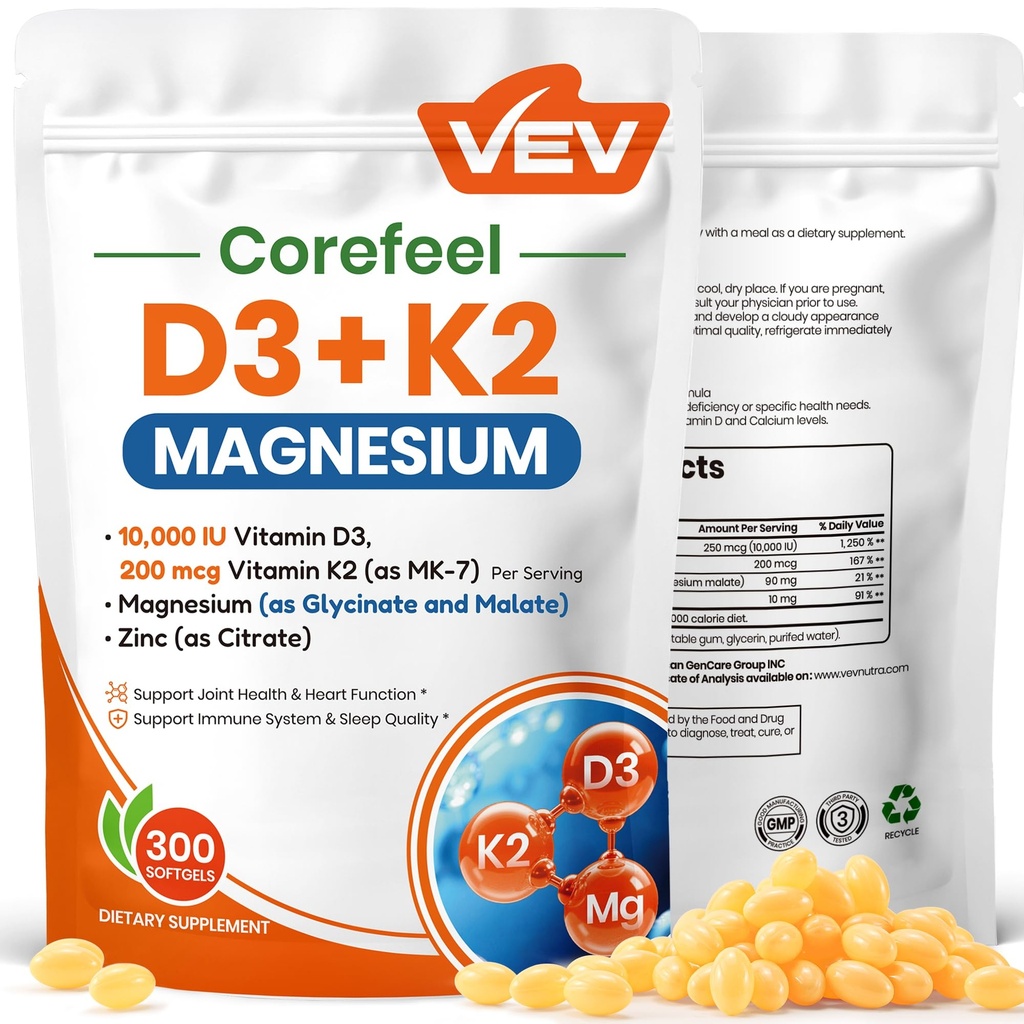 VEV Corefeel Vitamin D3 K2 10.000 IU Magnesium Supplement – mit Vitamin D und K (MK-7), Magnesium Glycinat & Malate, Zink Citrat – 300 Softgele für Energie, Knochen & Muskelunterstützung