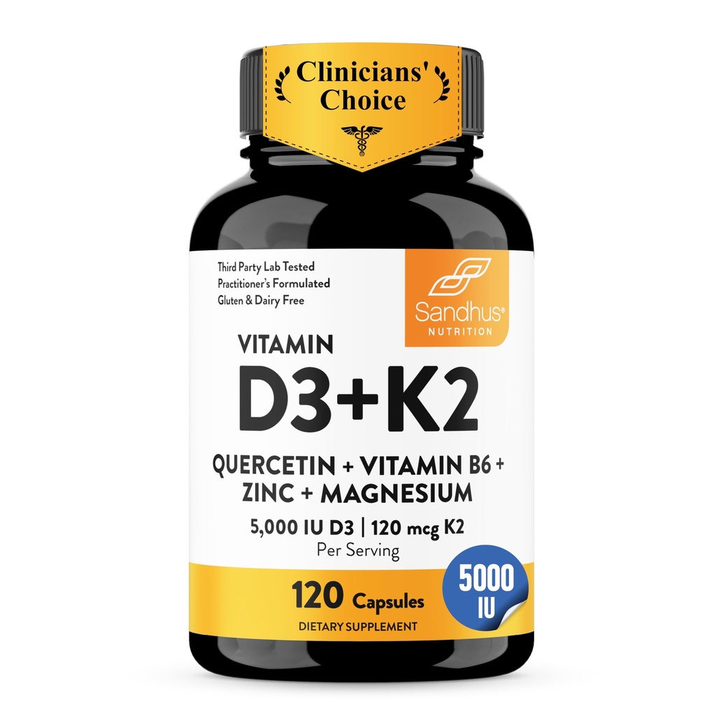 Sandhu's Vitamin D3 K2 Magnesium 5000 IU, 120mcg K2 Kapseln 120 Count (Pack von 1) | mit VIT B6, Zink & Quercetin | D3K2 unterstützt eine ausgezeichnete Absorption, Energie, Immune, Muskelgesundheit für Männer & Frauen
