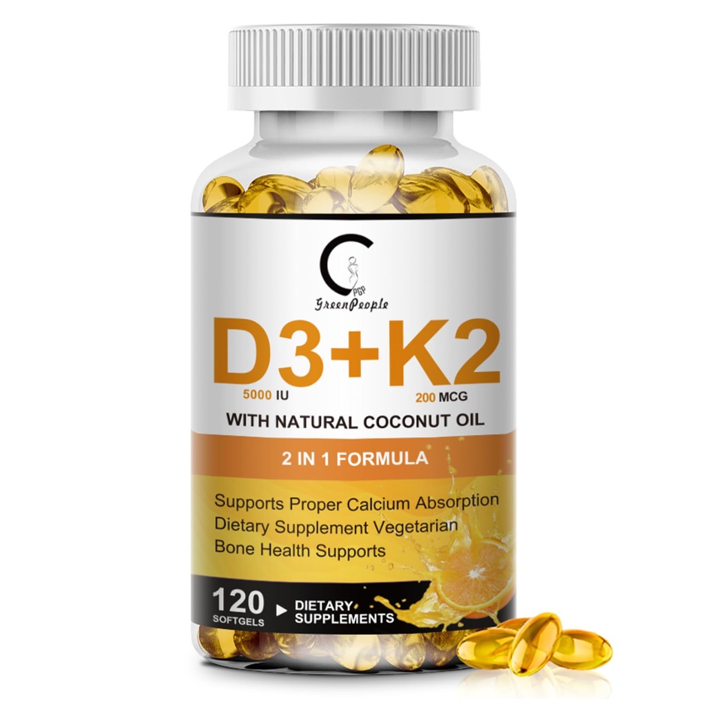 Vitamin D3 K2 Nahrungsergänzung mit Vitamin D3 5000 IU, 200 mcg Vitamin K2 MK-7 & Natürliches Kokosöl, Pflanzenbasis 2-1 Formel für Knochen, Zähne, Muskel- und Immungesundheitsunterstützung,120 Softgel Kapseln