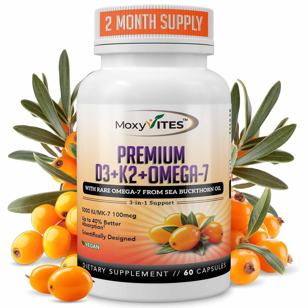 MoxyVites Vitamin D3 K2 5000 IU – Hohe Absorption D3 + K2 MK-7 mit Sea Buckthorn Oil & Omega-7 – Knochen, Herz- und Immununterstützung für Damen und Herren – 60 Vegan Kapseln