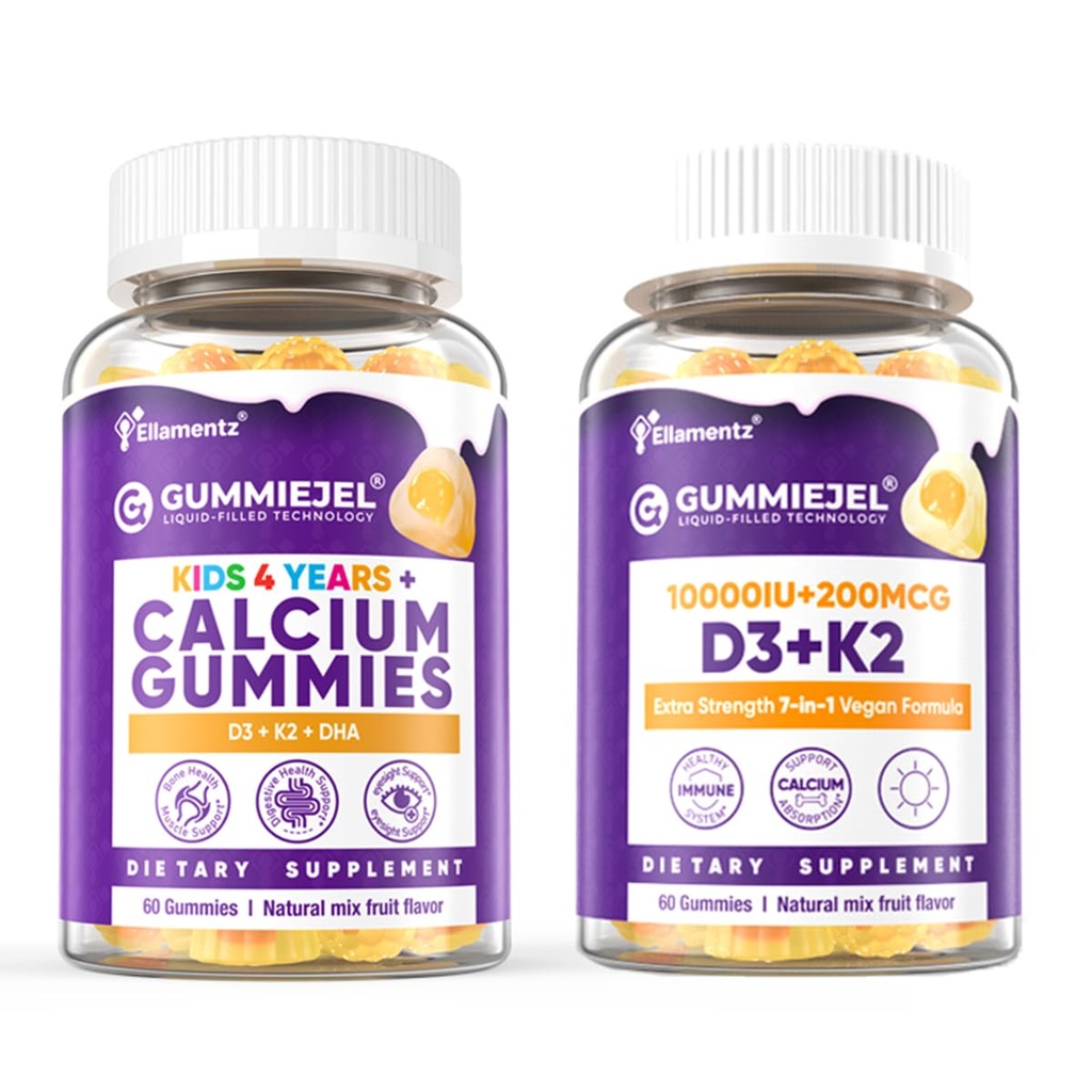 1 Pack Kids Calcium Gummis + 1 Pack D3 K2 Gummis Vitamin D3 10000 IU + K2 (MK7) 120mcg