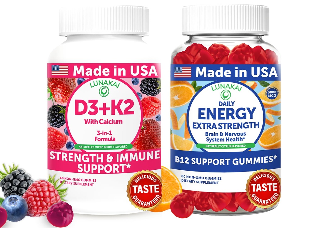 Lunakai USA Made D3+K2 mit Calcium & Energy B12 Gummis Bundle – Vegan, Non-GMO – 60 Gummis