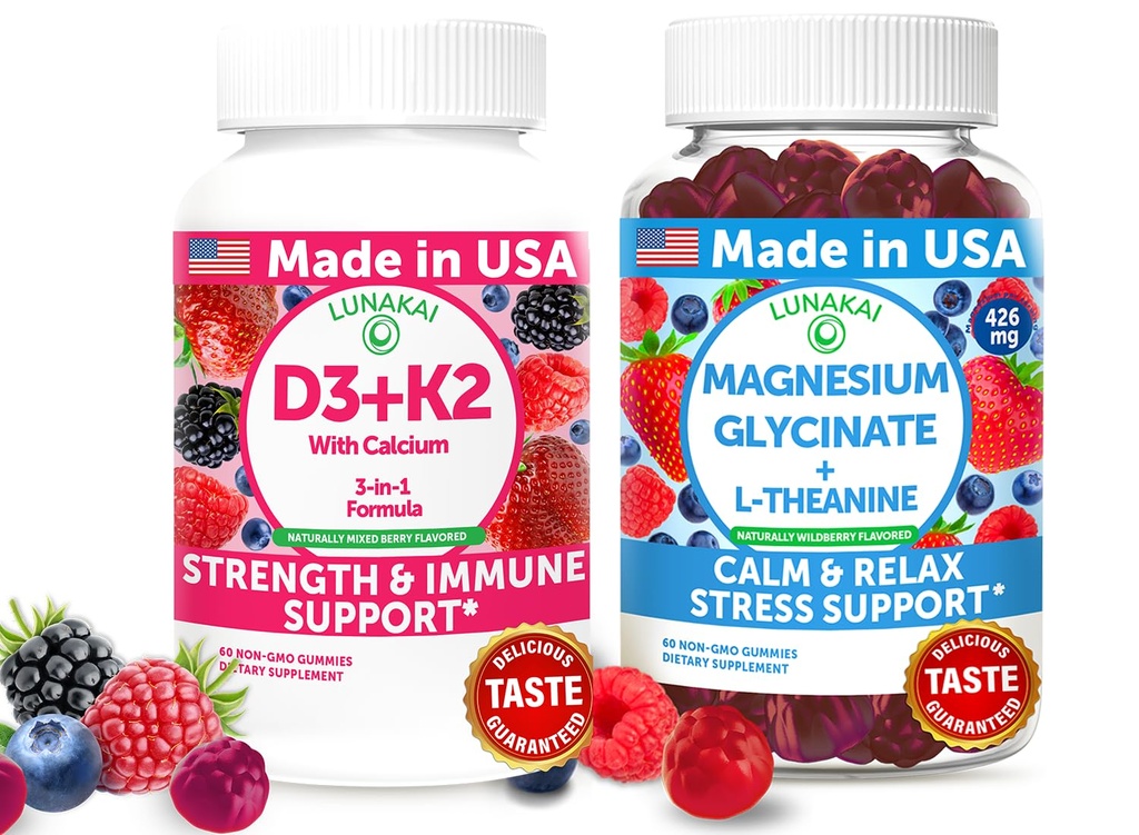 Lunakai USA D3+K2 mit Calcium & Magnesium Glycinat + L-Theanine Gummis Bundle – 60 Non-GMO Gummis Jede
