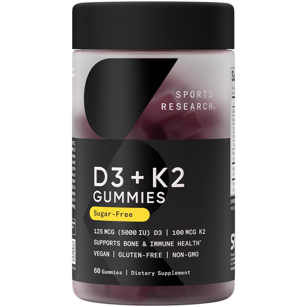 Sportforschung® Vegan Vitamin D3 + K2 Sugar-Free Gummis - 125mcg (5000iu) Vitamin D w/ 100mcg Mk7 Vitamin K - unterstützt Knochen- und Immungesundheit* - Veganzertifiziert · Non-GMO · Soy Free - 60 Count