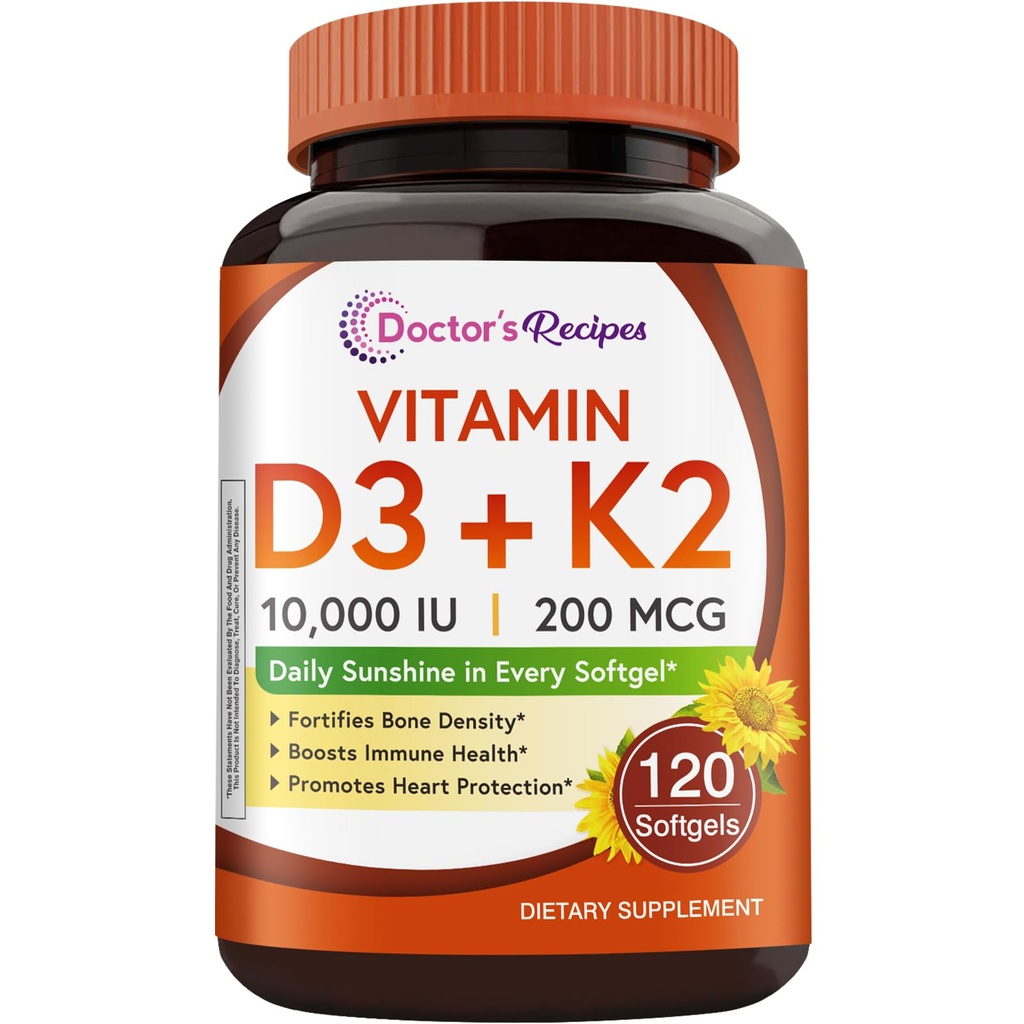 Vitamin D3 K2, 10.000 IU, 200 mcg, MK-7, Starke Knochendichte, Zähne, Immune, Herzunterstützung, Energie, Calciumabsorption, No Soy & Gluten, Non-GMO, 120 Softgels