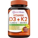 Vitamin D3 K2, 10.000 IU, 200 mcg, MK-7, Starke Knochendichte, Zähne, Immune, Herzunterstützung, Energie, Calciumabsorption, No Soy & Gluten, Non-GMO, 120 Softgels