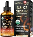 Vitamine D3 K2 USDA gouttes organiques - Vitamine D3 10000 UI & K2 comme MK-7 120mcg - Immune et soutien de l'humeur, os et dents santé - sans sucre orange saveur - supplément liquide - Fabriqué aux États-Unis - 2 FL OZ, 60 jours