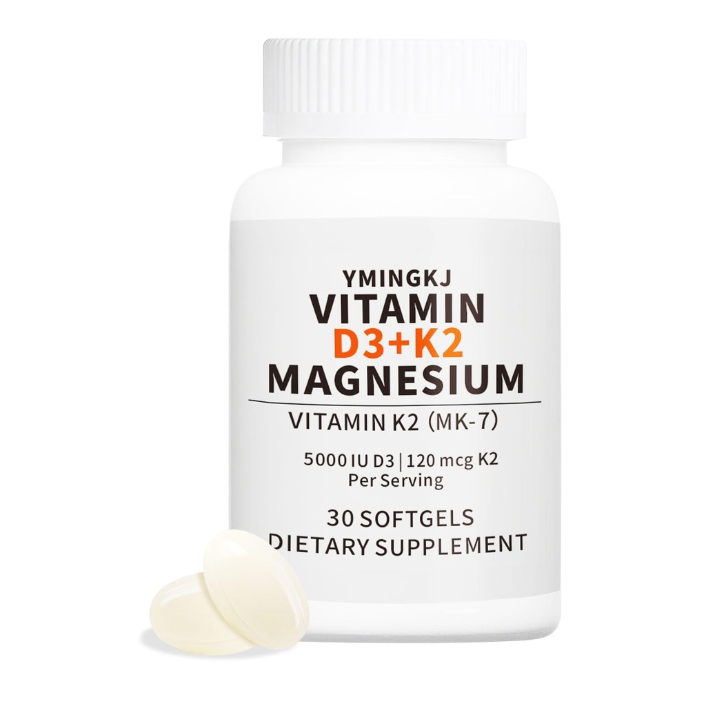 Vitamin D3 K2 5000 IU Softgels mit Magnesiumergänzung - & 120mcg MK-7 K2 für Knochengesundheit & Immununterstützung - Non-GMO & Glutenfreie Softgele mit MCT Oil- 30 Softgel