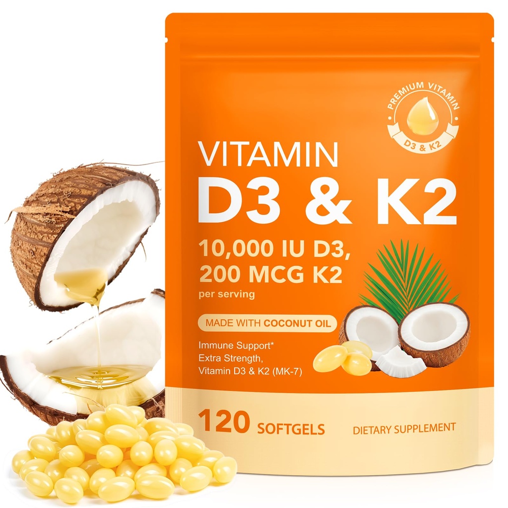 Vitamin D3 K2 mit Kokosöl - Vegan Vitamin D3 & Mk7 Vitamin K2für Knochen und Immununterstützung - Non-GMO, Soy Free - 120 Softgels