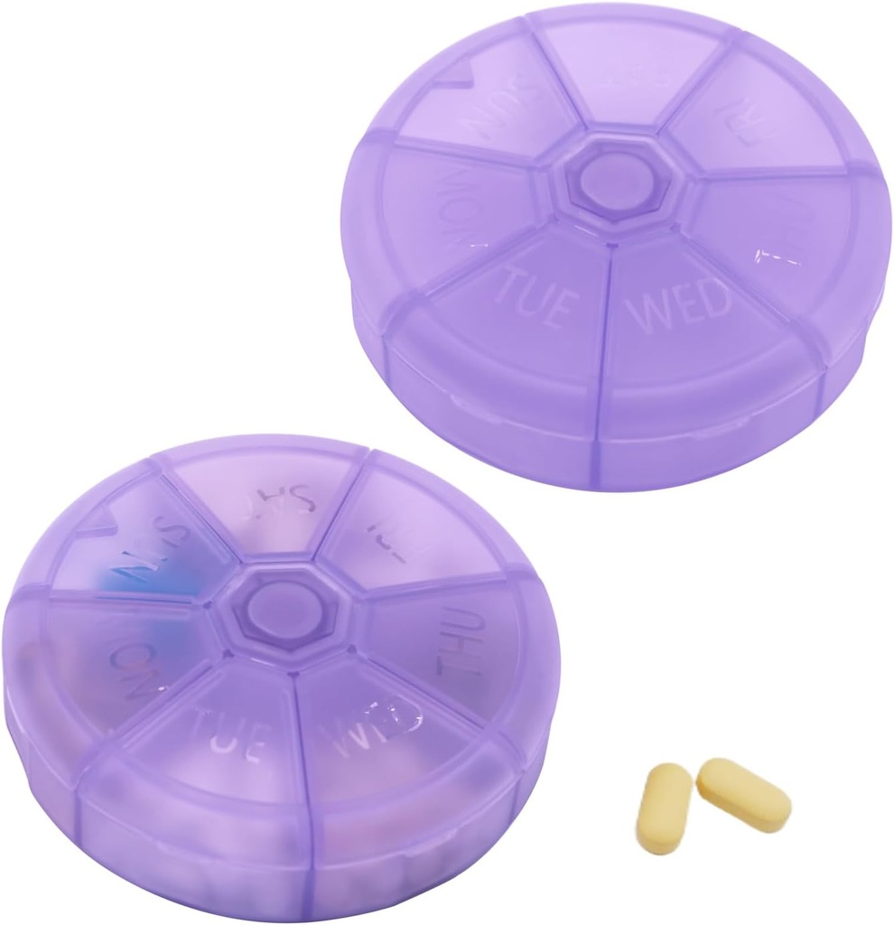 Portable Weekly Pill Organizer 7 Tage Pillen Container, Runde Pille Fall Reisen Freundlich, Tägliche Woche Pill Reminder Fall, BPA-freies Vitamin, Ergänzung, Fischöl, Heilmittel Planner (Purple)