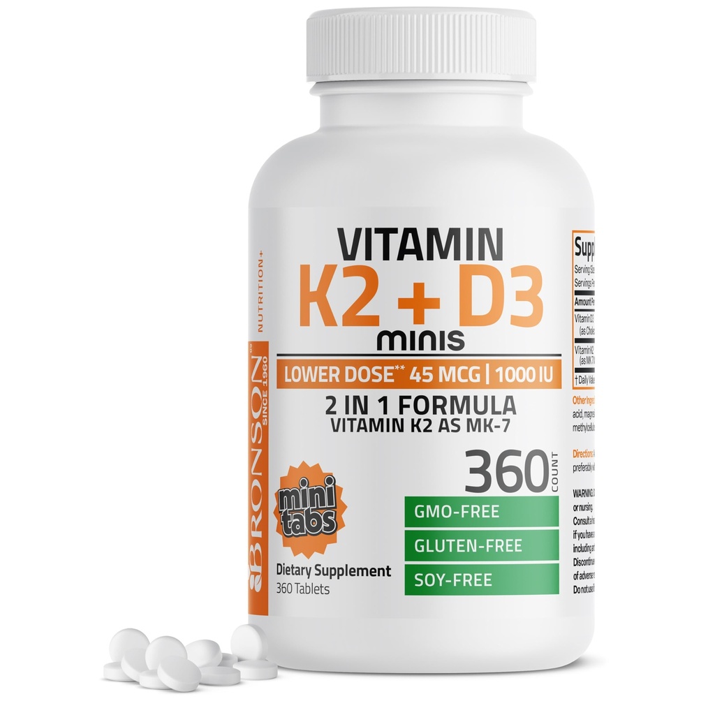 Bronson Vitamin K2 (MK7) mit D3 niedriger Dose 45mcg Vitamin K2 & 1000 IU Vitamin D3 einfach zu schlucken tägliche Wartung 2 in 1 Formel Non-GMO, 360 Mini Tabletten