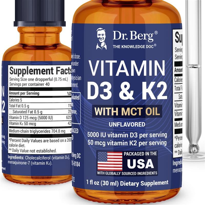 Dr. Berg Maximum Strength Vitamin D3 K2 Flüssigkeitstropfen mit MCT-Öl – 5.000 IU Flüssiges Vitamin D3 mit K2 – Unterstützt starke Knochen, Herz, Energie, Immunität und Gesamtlebenskraft* - Entflammt 1 Fl Oz