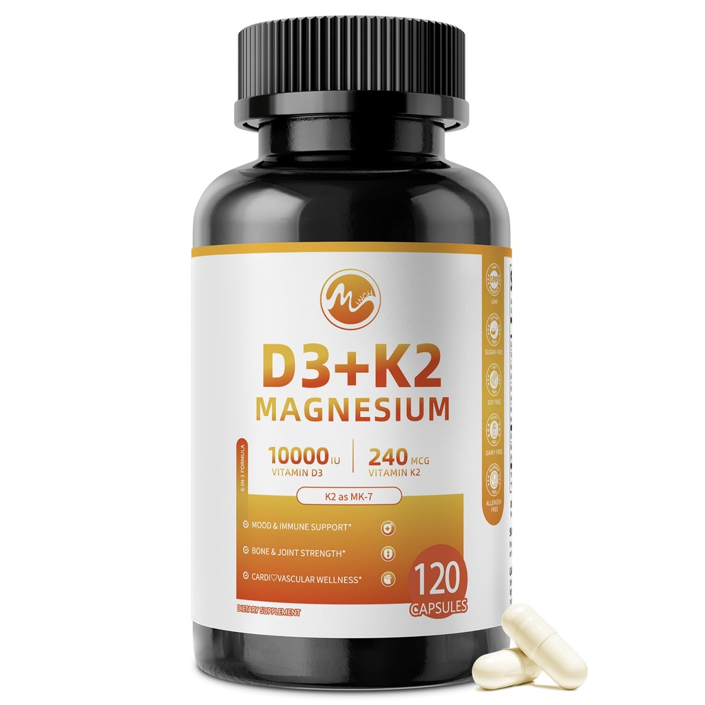 M inch Vitamin D3 K2 mit Magnesium, Vitamin D3 10000 IU, Vitamin K2 MK-7 240 mcg, 6-in-1 K2 D3 Vitamin Supplement mit Quercetin für Knochen, Immun & Moo*d Support, hochverfügbar, 120 Kapseln