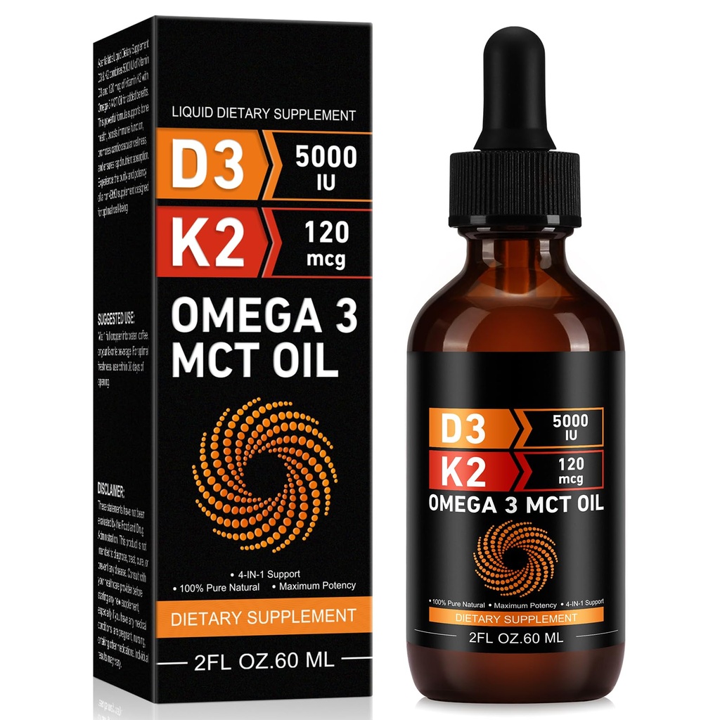 Daiasns Vitamin D3 5000 IU & K2 (MK-7) 120 mcg 60ml Tropfen mit MCT Öl Omega 3, flüssiges Vitamin D3 & K2 Beilagen - 2 Monate Versorgung -Unterstützungen Knochen, Zähne, Mood & Immunsystem, Calcium Absorption