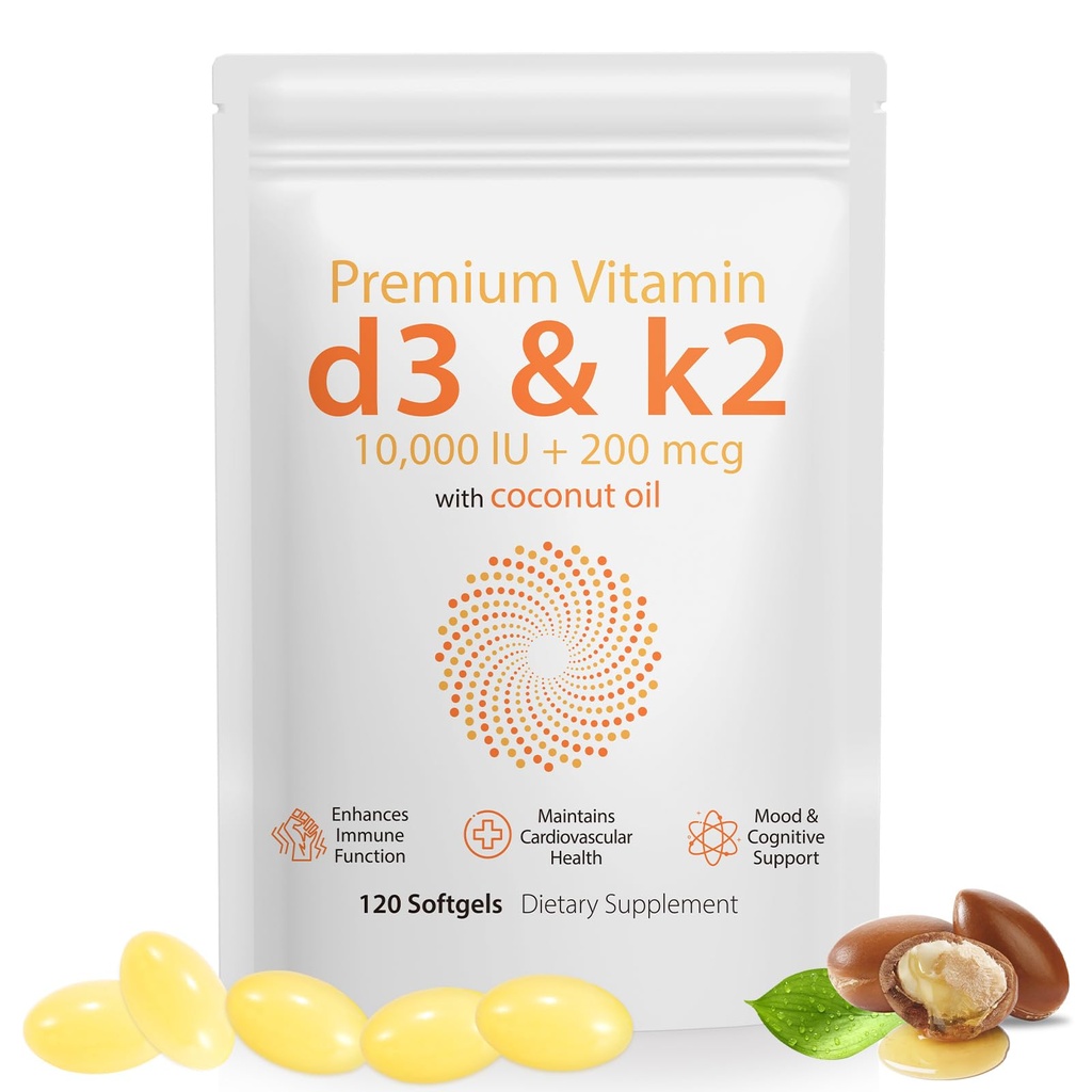 Daiasns Vitamin D3 K2 10000iu unterstützt Muskel- und Hirngesundheit -High-Potency D3 K2 Supplement hilft bei Immun- und Herz-Kreislauf-Unterstützung - 120 Softgels