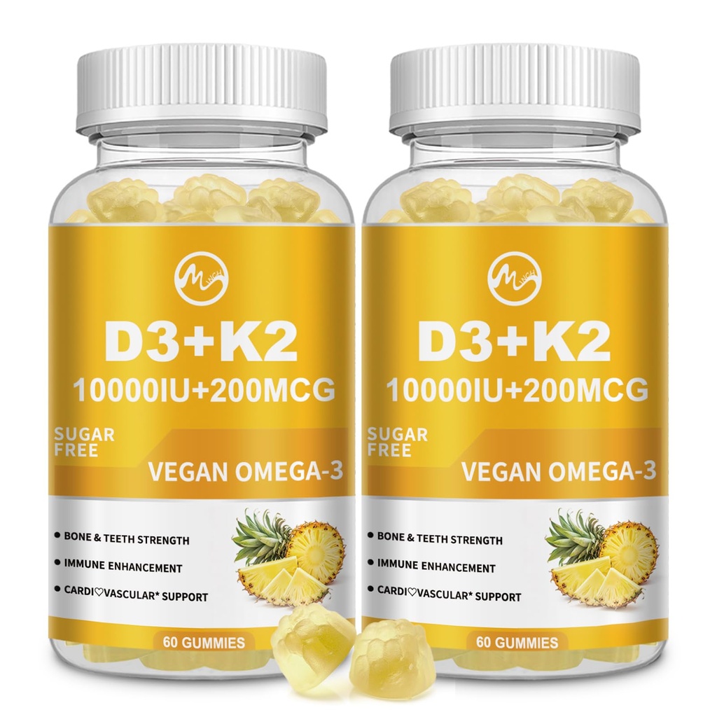 M inch Vitamin D3 K2 Gummie, Vitamin D3 10000IU, K2 (MK-7) 200mcg, 6-in-1 Vitamina D3 con K2 Supplement mit Omega-3 für Damen und Herren - Knochen, Zähne & Immununterstützung, Sugar Free, 2 Pack