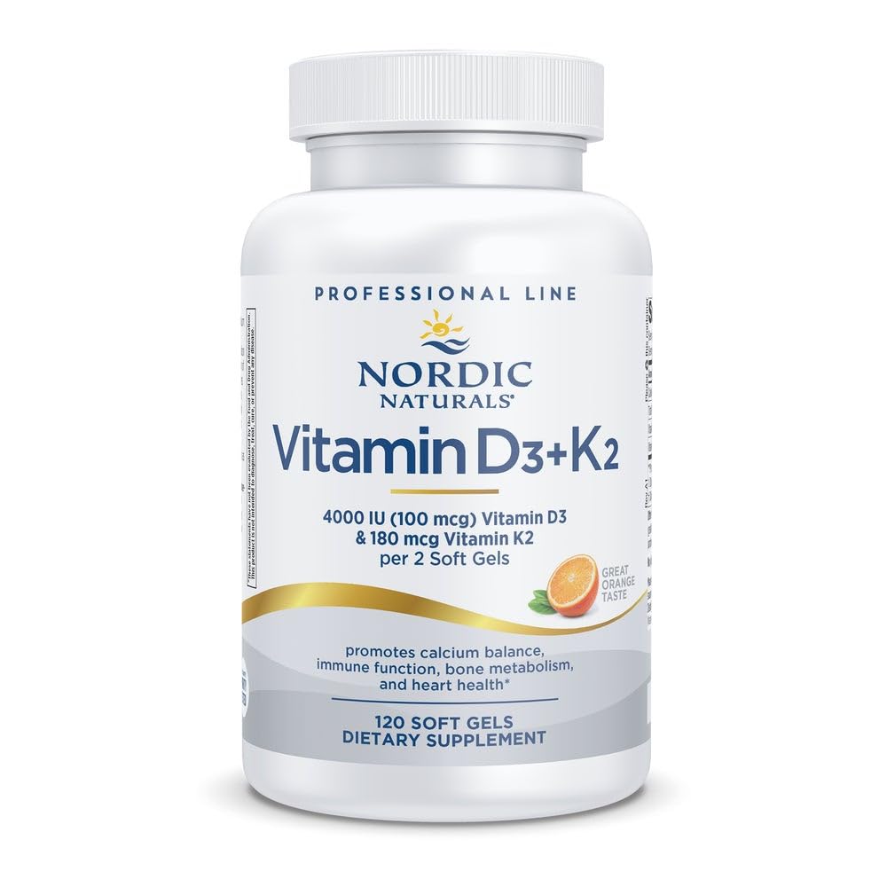 Nordic Naturals Professional Grade Vitamine D3+K2 Supplément, Orange Flavor - 60 gels souples - 4000 UI Vitamine D3 & 180 mcg K2- Favorise l'équilibre calcique et la fonction immunitaire - Non-OGM - 30 portions