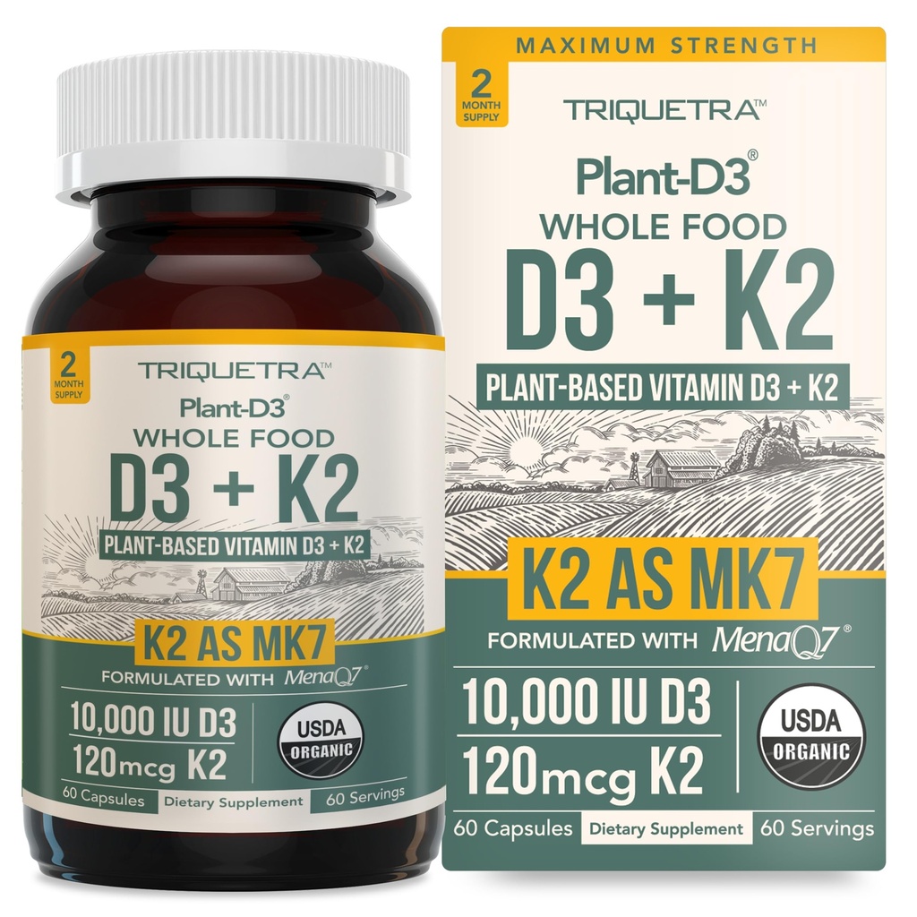 Bio-Pflanze D3 + K2 | 10000 IU D3 + 120 mcg K2 als All-Trans MK7 von MenaQ7® - 100% Ganzes Essen, Raw & Vegan | Verbesserte Verdauung mit Prebiotic & Superfood Complex – D3 von Organic Algae (60 Count)