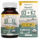 Bio-Pflanze D3 + K2 | 10000 IU D3 + 120 mcg K2 als All-Trans MK7 von MenaQ7® - 100% Ganzes Essen, Raw & Vegan | Verbesserte Verdauung mit Prebiotic & Superfood Complex – D3 von Organic Algae (60 Count)