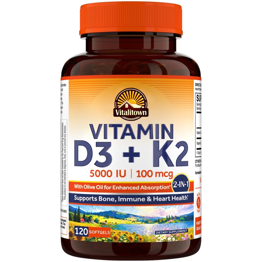 Vitalitown Vitamin D3 K2 Supplement, D3 5000 IU, Vitamin K2 MK-7 100 mcg, Non-GMO, No Gluten & Soy, für Knochen, Zähne, Immun- & Herz-Gesundheit, 120 Softgels