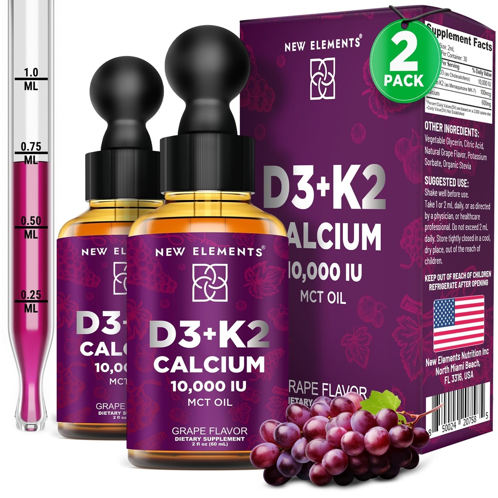 Neue Elemente [2 Pack] Flüssiges Vitamin D3 K2 Tropfen mit Kalzium für Erwachsene | Vitamin D3 10.000 IU | D3 K2 mit Kalzium für Knochen Gesundheit und Immunität Unterstützung | Gemeinsames Gesundheitsergänzungsmittel | Non-GMO | Vegan