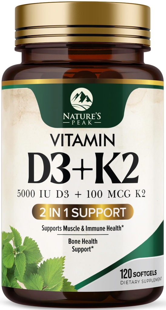D3 K2 Vitamin - Vitamin D3 5000 IU Per Softgel - Hohe Potenz Vitamin D3 Nahrungsergänzung - 2-in-1-Komplexes Vitamin D & Vitamin K2 (MK7) - Leicht zu schlucken, Knochen & Immununterstützung - Bottled USA - 120 Softgels