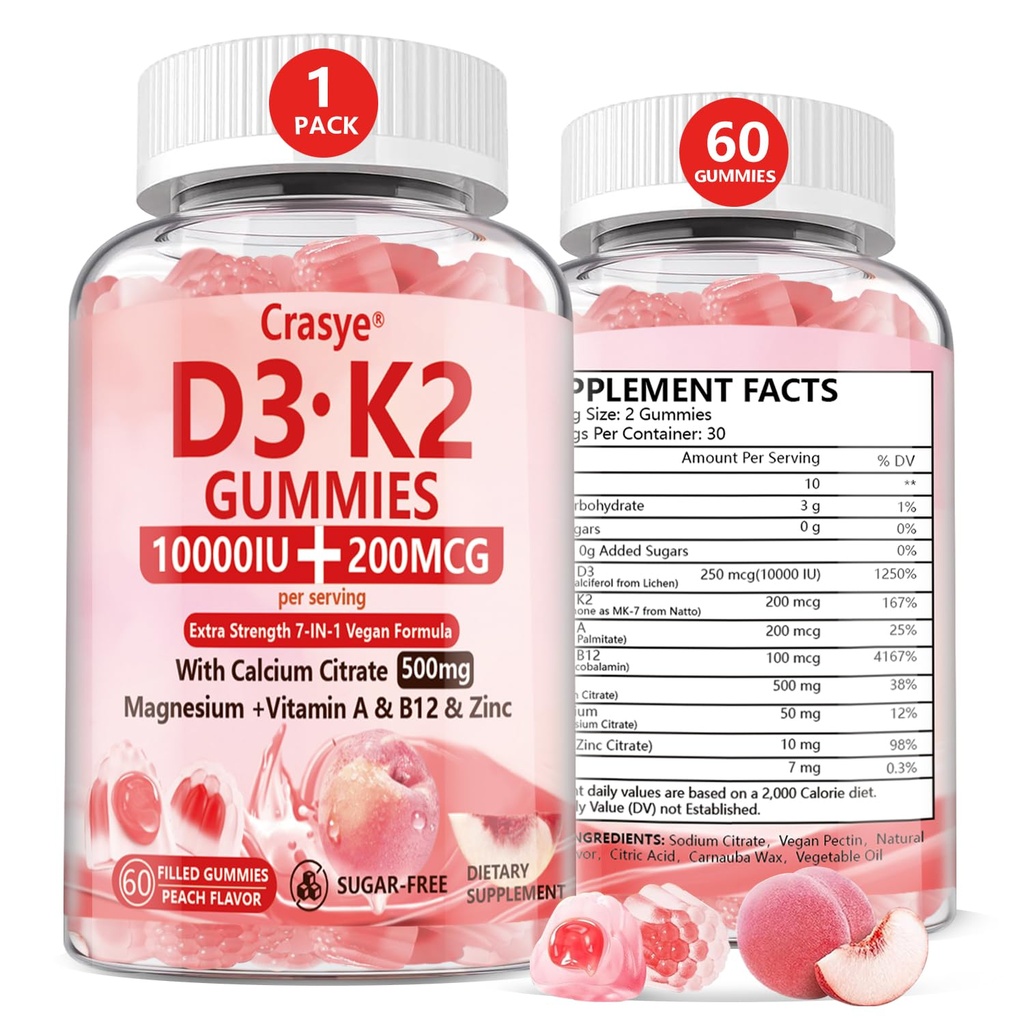 Vitamin D3 K2 Gummi 10000 IU mit 500mg Calcium Magnesium Zink Gummy Sugar Free ADK+Vitamin B12 Ergänzungen für Frauen und Männer Knochen, Muskeln, Zähne Pfirsich Flavor - 60 Gummi - 30 Servietten