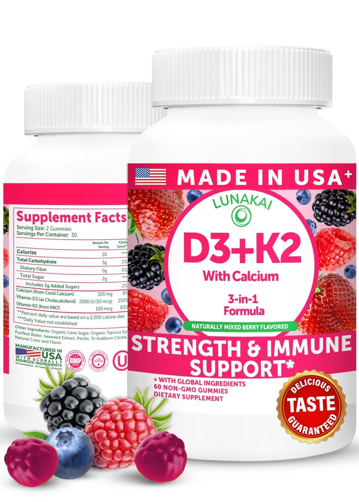Lunakai USA fait vitamine D3 K2 Gummies avec Calcium – 3-en-1 supplément végétalien quotidien pour les os et le soutien immunitaire pour les femmes, les hommes et les enfants, 60ct