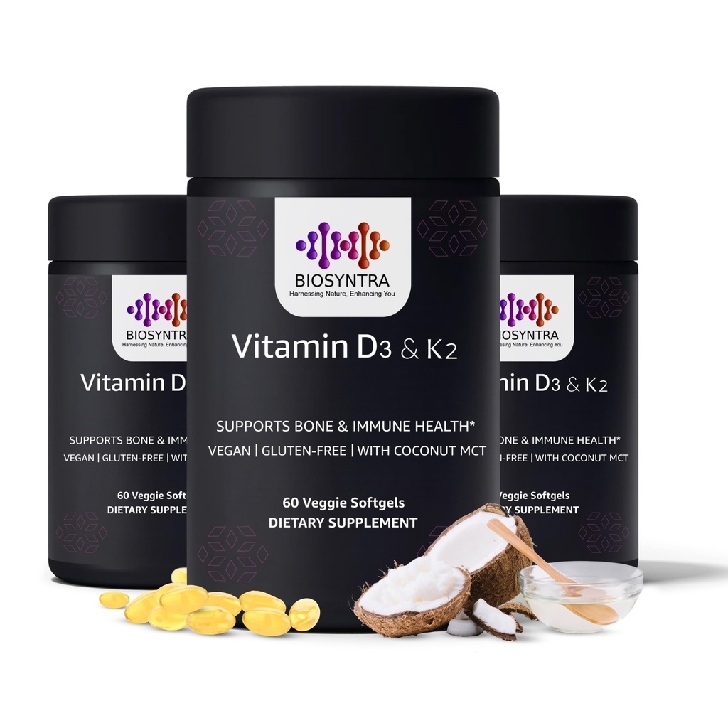 Vitamin D3+K2 mit Kokosöl - Vegan Vitamin D 5.000 IU & MK7 Vitamin K 110mcg für Knochen, Herz- und Immununterstützung, Non-GMO, Third Party Tested, Soy Free, High Absorption 60 Veggie Softgels
