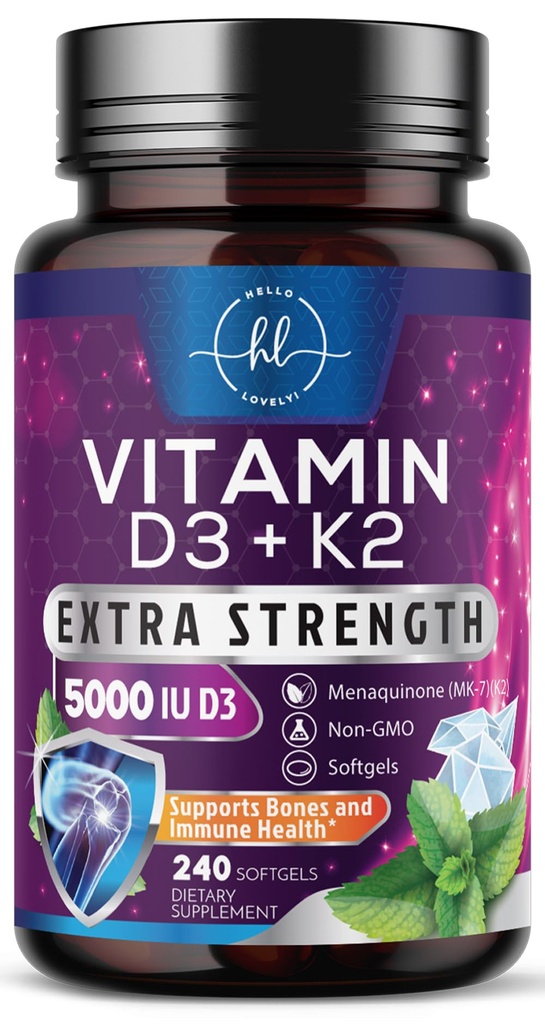 Vitamin D mit K2 (MK-7) - Vitamin D3 5000IU (125mcg) Pro Servieren - D3K2 Complex Supplement für Knochen, Zähne, Muskel, Kalziumabsorption, Immununterstützung und Herzgesundheit - in den USA - 240 Softgels