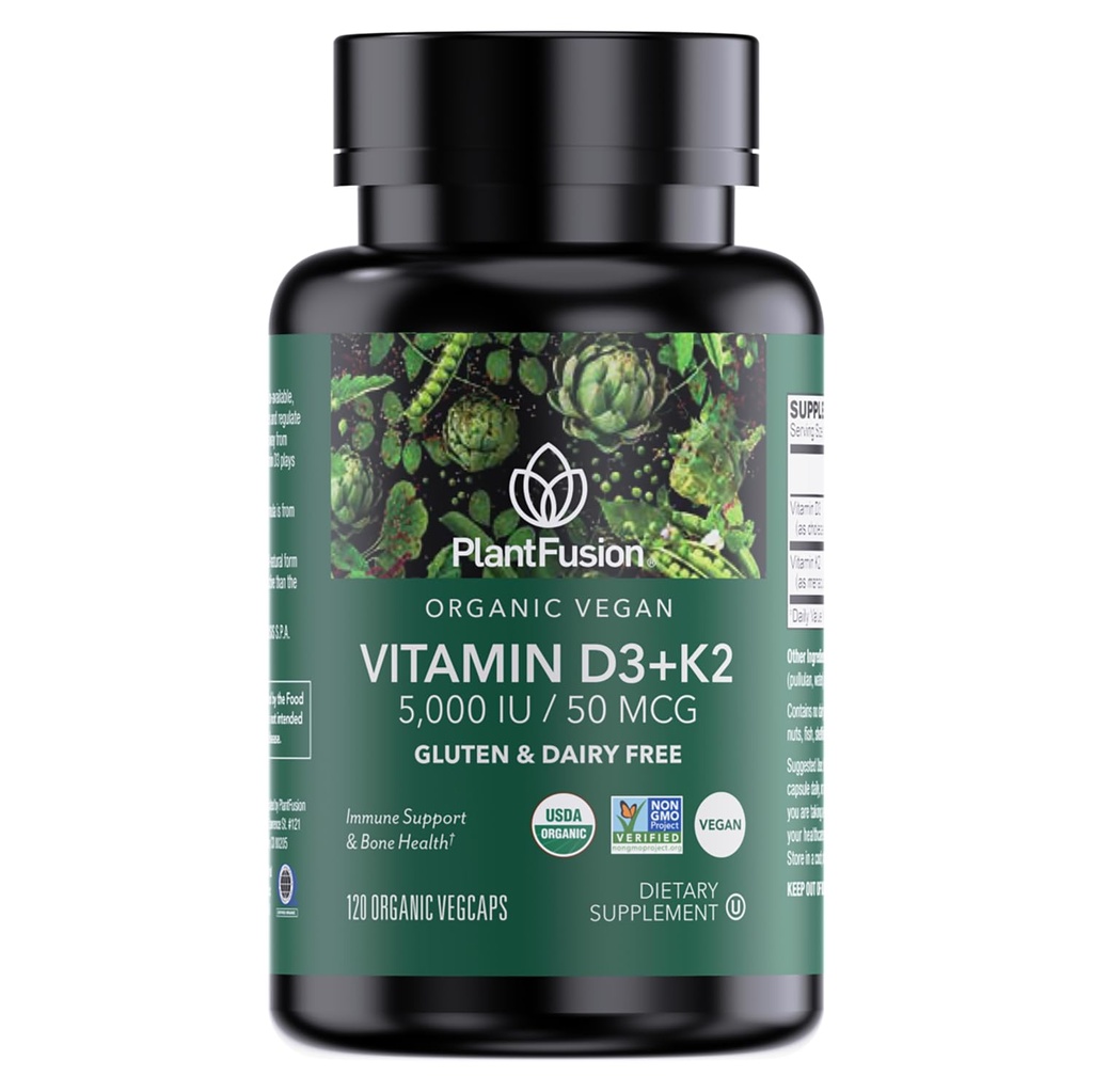 PlantFusion Bio Vegan Vitamin D3 + K2 5.000 IU, 50MCG – Vitamin D aus pflanzenbasiertem Lichen und Vitamin K2, für Immununterstützung und Knochengesundheit - 120 Kapseln