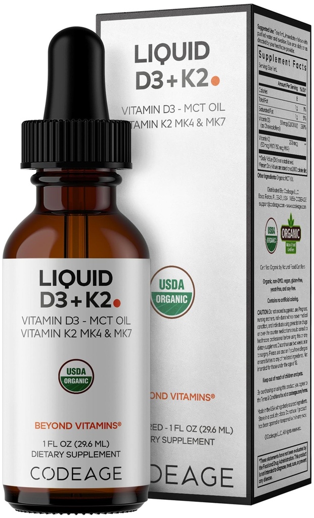 Codeage Vitamines liquides D3+K2 USDA Biologique - Vitamine D3 2000 UI, Vitamine K2 (MK4 et MK7) Gouttes liquides - Immunissance - Non aromatisée - MCT organique Huile - Non-OGM - 1 fl oz