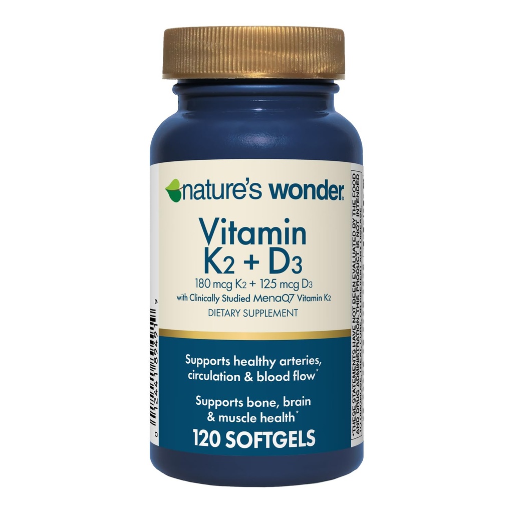 Nature's Wonder Vitamin K2 + D3 mit MenaQ7 für Herz-Kreislauf-, Hirn-, Knochen- und Muskelgesundheit, 120 Softgels, 120 Tage Versorgung