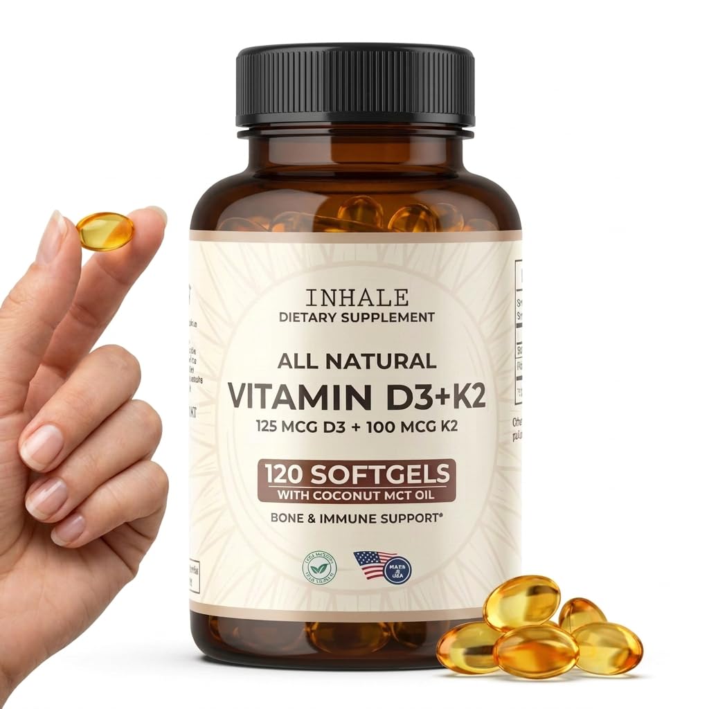 Inhalieren Vitamin D3 + K2 mit Kokosöl – 5000 IU D3 & 100 mcg MK7 K2 für Knochen, Herz & Immununterstützung – Non-GMO · Soy Free · Glutenfrei – 120 Softgels