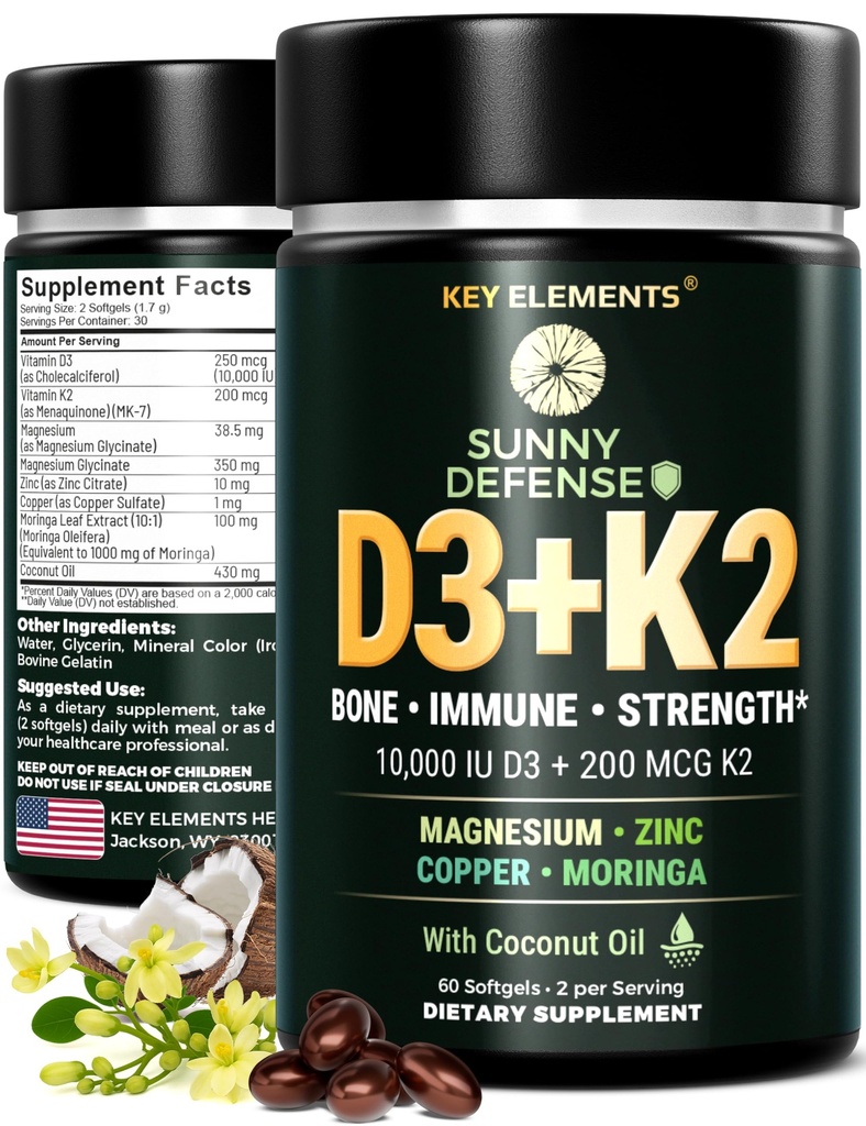 KEY ELEMENTS D3 K2 Vitamin 10.000 IU mit Magnesium Glycinat 350mg, Zink und Moringa - Knochen & Immununterstützung - Vitamin D mit K2 MK-7 200mcg - Non-GMO, Glutenfreie Softgele