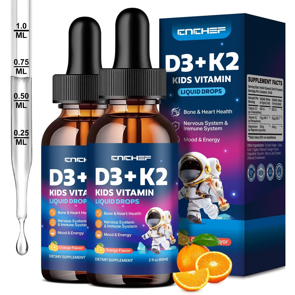 2PCS Vitamine D3 K2 gouttes pour les enfants - Supplément liquide au magnésium pour l'absorption de calcium, la santé articulaire, les dents et le cœur - Non-OGM, végétalien, orange, 4 Fl Oz - Enfants âgés de 4 ans et plus