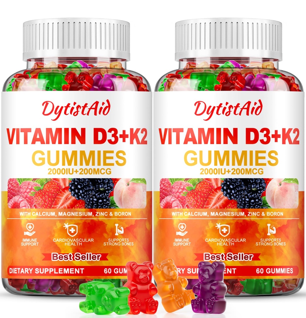 Vitamin D3 + K2 Gummie 2000 IU mit Calcium + K2 (MK-7), Magnesium Citrat, Vitamin C, Zink & Boron – Knochen, Herz & Immununterstützung – Vegan, Non-GMO, Gelatin-frei, Sugar-Free Supplement, 120 Gummie