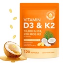 Vitamin D3 K2 10000 IU mit 200mg, Vitamin D3 und K2 Kapseln, 2 in 1 Vitamin D & K Komplex mit nativem Kokosöl, 120 Softgel, einfach zu schlucken & Non-GMO